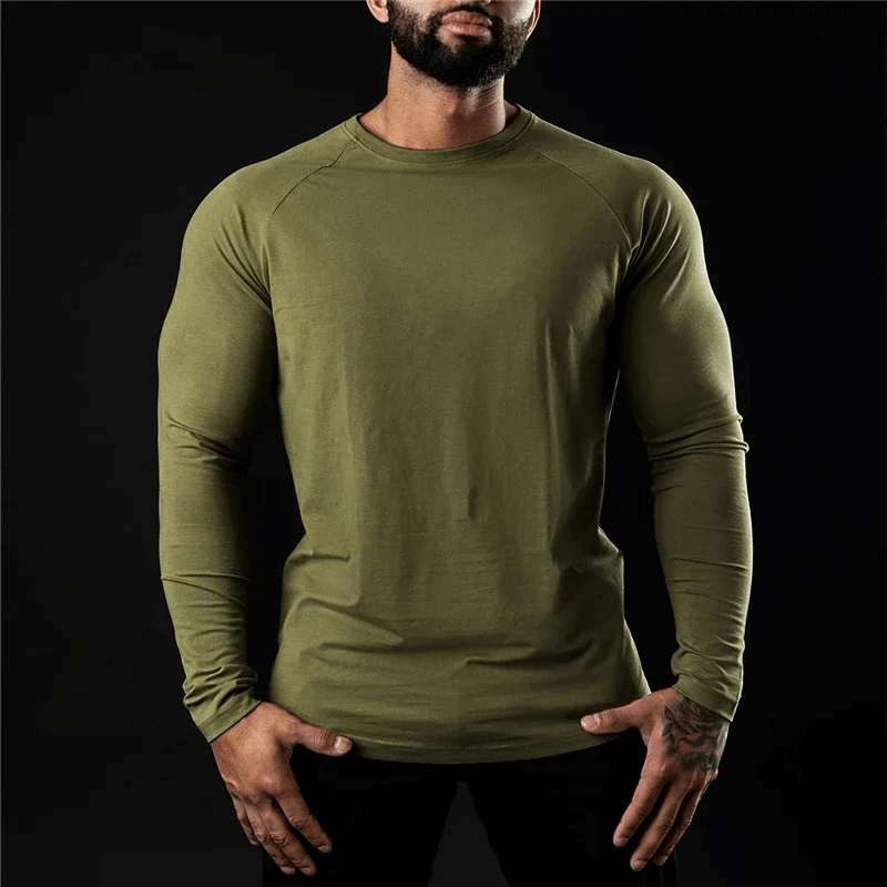 Men's Cotton Long Sleeves Workout Top SF2195 in olive green, ideal for fitness and bodybuilding with breathable fabric.